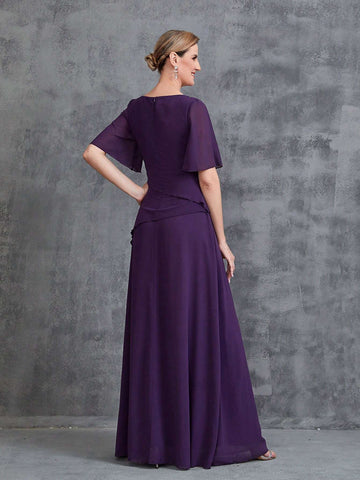 Women's Rhinestone Detail Short Flared Sleeve Sleeve Chiffon Party Dress