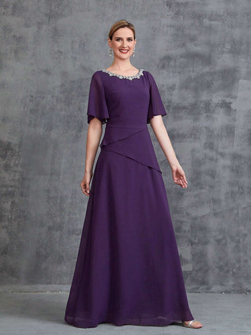 Women's Rhinestone Detail Short Flared Sleeve Sleeve Chiffon Party Dress