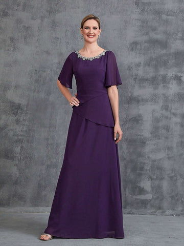 Women's Rhinestone Detail Short Flared Sleeve Sleeve Chiffon Party Dress