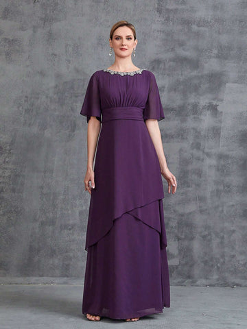 Women's Rhinestone Detail Short Sleeve Chiffon Party Dress