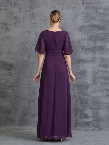 Women's Rhinestone Detail Short Sleeve Chiffon Party Dress