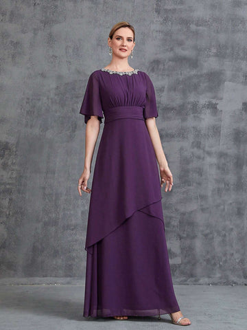 Women's Rhinestone Detail Short Sleeve Chiffon Party Dress