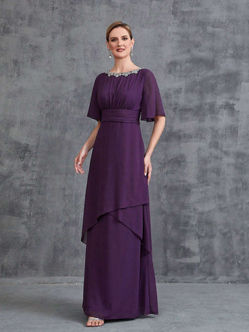 Women's Rhinestone Detail Short Sleeve Chiffon Party Dress