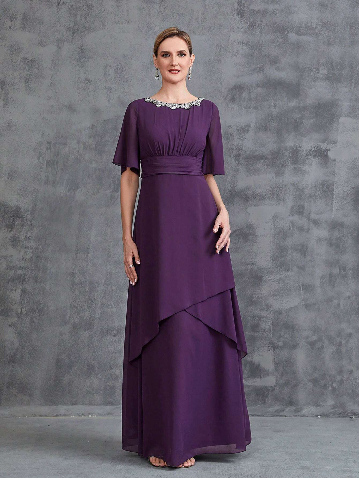 Women's Rhinestone Detail Short Sleeve Chiffon Party Dress