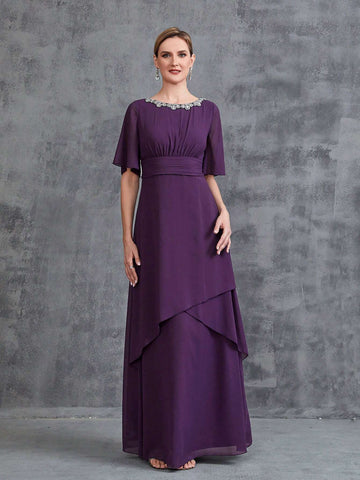 Women's Rhinestone Detail Short Sleeve Chiffon Party Dress