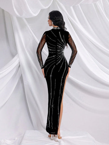 Women's Rhinestone Embellished Mesh Long Sleeve Stand Collar Side Split Hem Luxury Black Formal Dress