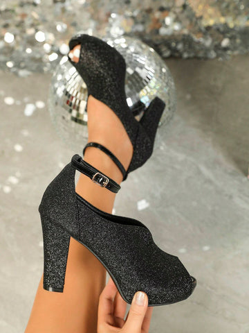 Women's Rhinestone Embellished Peep Toe High Heels