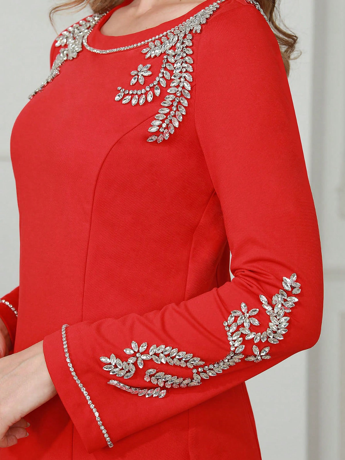 Women's Rhinestone Embellished Plant Pattern Round Neck Long Sleeve Dress