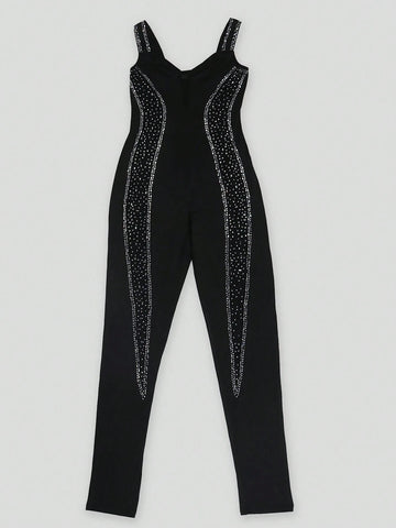 Women's Rhinestone Mesh Semi-Sheer V-Neck Sleeveless Jumpsuit, Sexy Party Style, Elegant Dress
