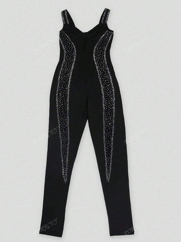Women's Rhinestone Mesh Semi-Sheer V-Neck Sleeveless Jumpsuit, Sexy Party Style