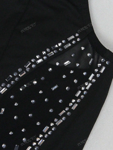 Women's Rhinestone Mesh Semi-Sheer V-Neck Sleeveless Jumpsuit, Sexy Party Style