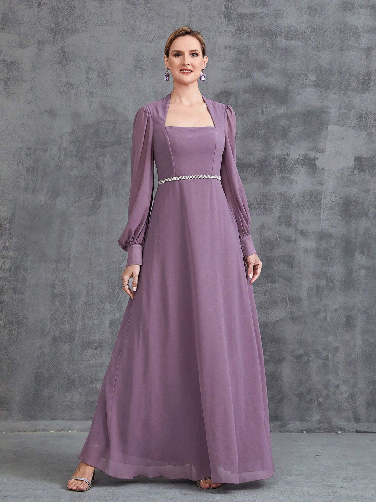 Women's Rhinestone Waistband Long Sleeve Chiffon Party Dress