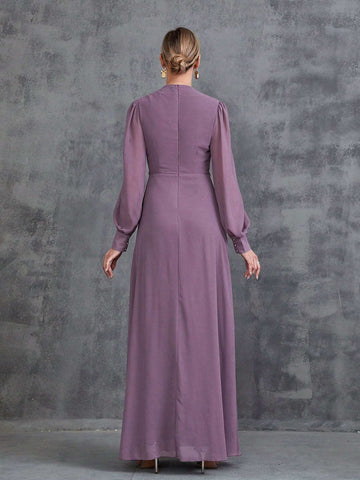 Women's Rhinestone Waistband Long Sleeve Chiffon Party Dress