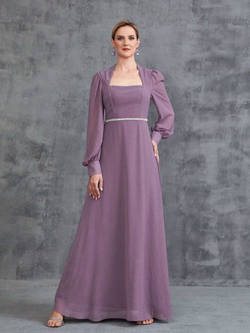 Women's Rhinestone Waistband Long Sleeve Chiffon Party Dress