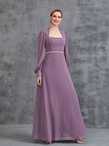 Women's Rhinestone Waistband Long Sleeve Chiffon Party Dress