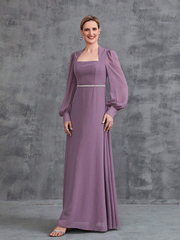 Women's Rhinestone Waistband Long Sleeve Chiffon Party Dress