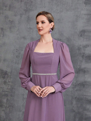 Women's Rhinestone Waistband Long Sleeve Chiffon Party Dress