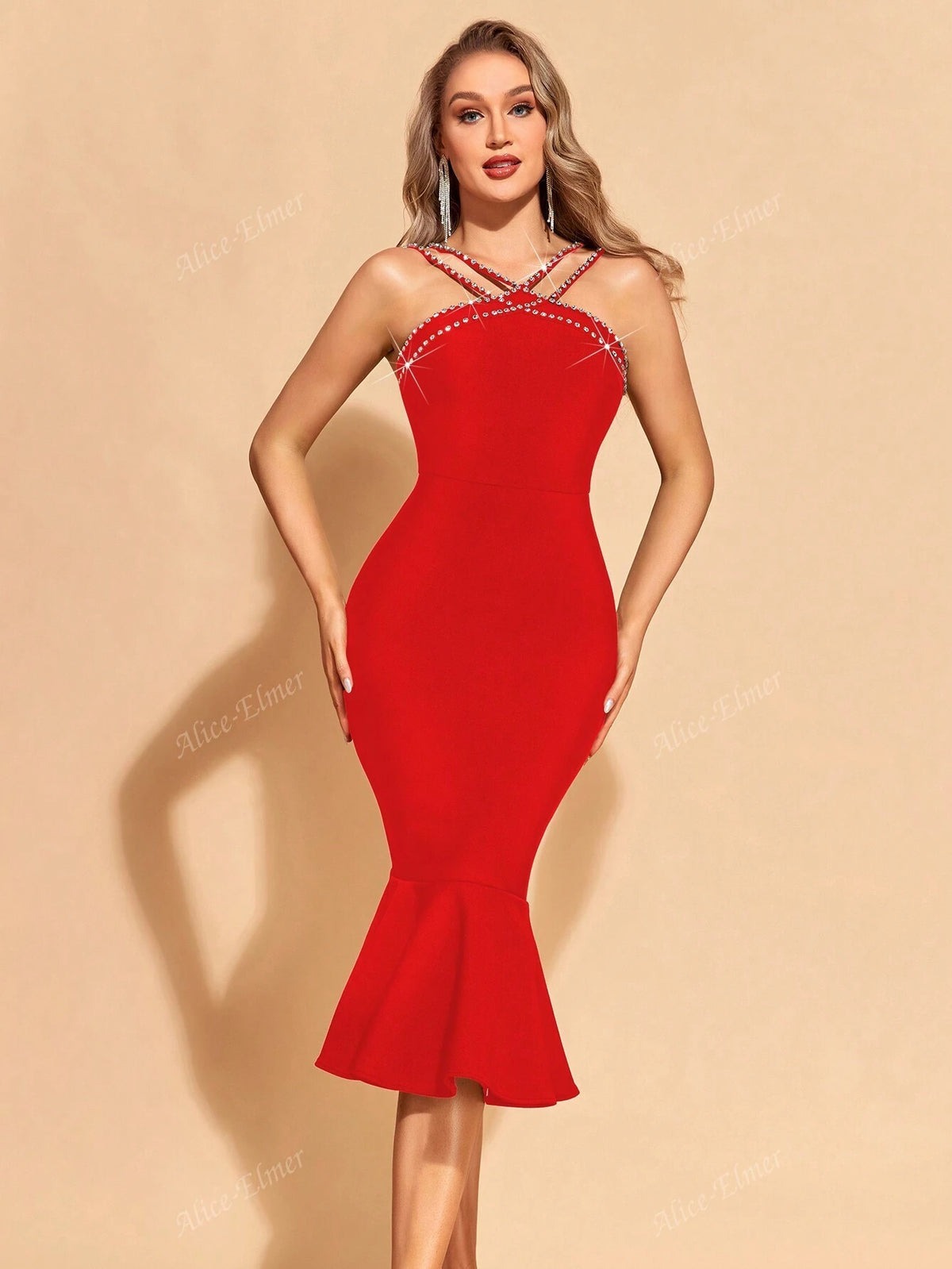 Women's Rhinestones Beading Mermaid Tight Bodycon Bandage Dress,Gorgeous Ruffle Hem Midi Zipper Back Sleeveless Dress For Cocktail Party,Ladies Clothes For All Seasons