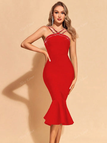 Women's Rhinestones Beading Mermaid Tight Bodycon Bandage Dress,Gorgeous Ruffle Hem Midi Zipper Back Sleeveless Dress For Cocktail Party,Ladies Clothes For All Seasons