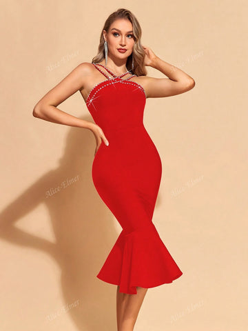 Women's Rhinestones Beading Mermaid Tight Bodycon Bandage Dress,Gorgeous Ruffle Hem Midi Zipper Back Sleeveless Dress For Cocktail Party,Ladies Clothes For All Seasons
