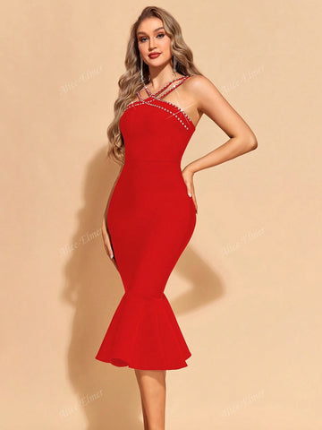Women's Rhinestones Beading Mermaid Tight Bodycon Bandage Dress,Gorgeous Ruffle Hem Midi Zipper Back Sleeveless Dress For Cocktail Party,Ladies Clothes For All Seasons