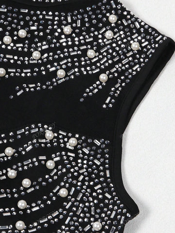 Women's Rhinestones Decor Sexy Bodycon Jumpsuit