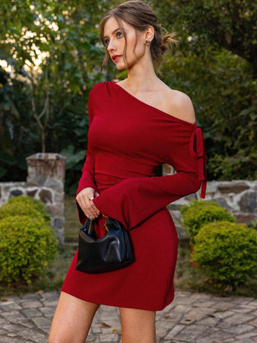 Women's Rib-Knit One Shoulder Bell Sleeves Mini Dress, Elegant Long Sleeve A-Line Dress, Stylish And Simple Romantic Date Dress