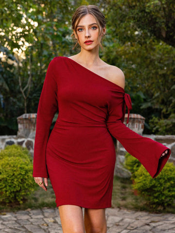 Women's Rib-Knit One Shoulder Bell Sleeves Mini Dress, Elegant Long Sleeve A-Line Dress, Stylish And Simple Romantic Date Dress