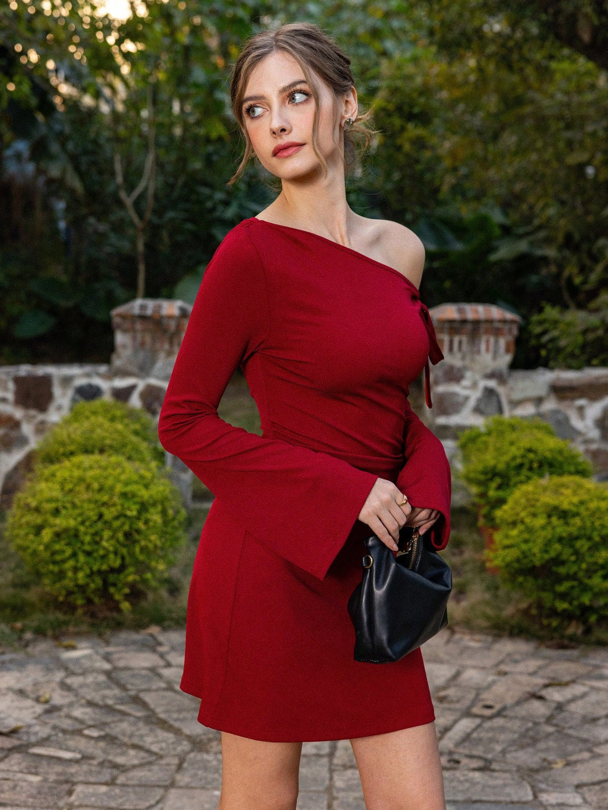 Women's Rib-Knit One Shoulder Bell Sleeves Mini Dress, Elegant Long Sleeve A-Line Dress, Stylish And Simple Romantic Date Dress