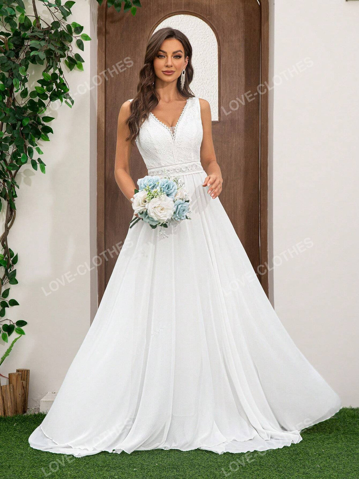 Women's Romantic Chiffon Lace Patchwork Floor-Length Wedding Dress