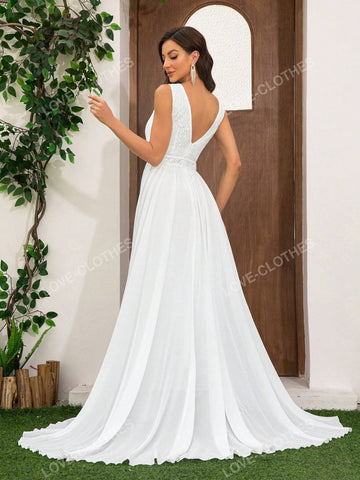 Women's Romantic Chiffon Lace Patchwork Floor-Length Wedding Dress