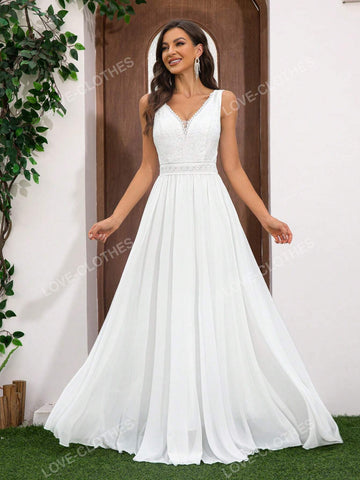 Women's Romantic Chiffon Lace Patchwork Floor-Length Wedding Dress
