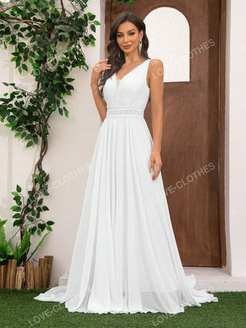 Women's Romantic Chiffon Lace Patchwork Floor-Length Wedding Dress