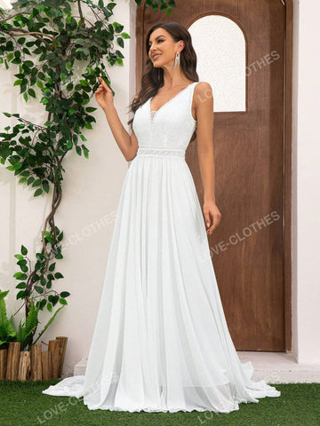 Women's Romantic Chiffon Lace Patchwork Floor-Length Wedding Dress