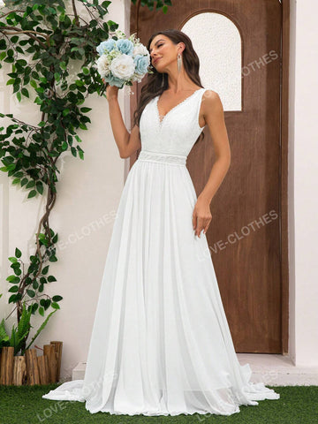 Women's Romantic Chiffon Lace Patchwork Floor-Length Wedding Dress