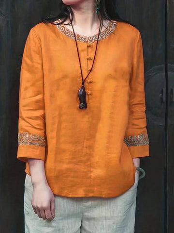 Women's Round Neck Color Block Woven Casual Vacation Shirt