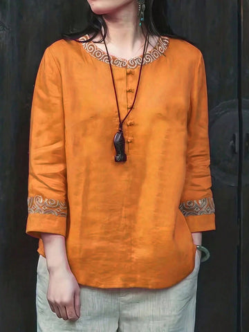 Women's Round Neck Color Block Woven Casual Vacation Shirt