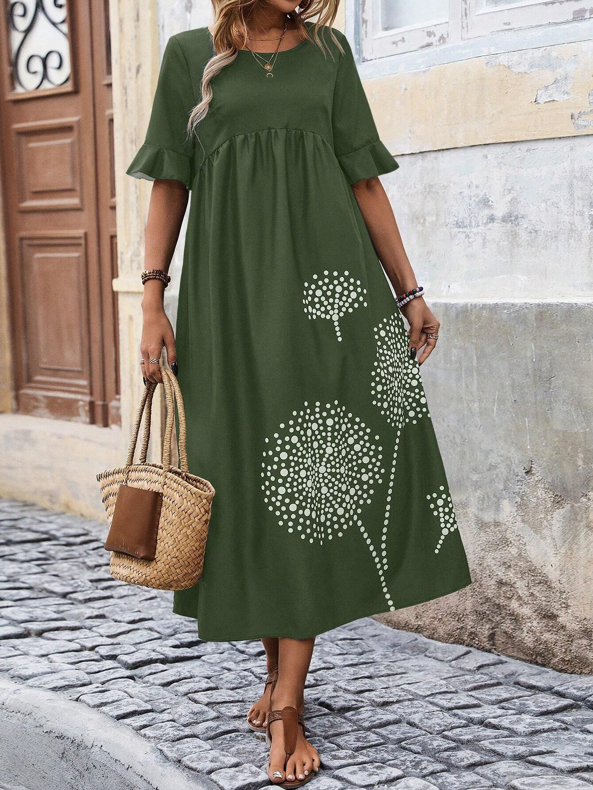 Women's Round Neck Dandelion Printed Pleated Long Dress With Flounce Hem And A-Line Silhouette