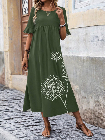 Women's Round Neck Dandelion Printed Pleated Long Dress With Flounce Hem And A-Line Silhouette