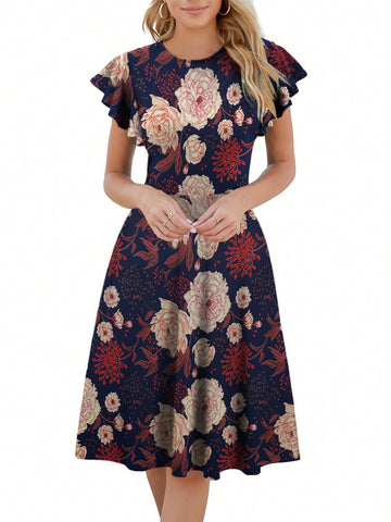 Women's Round Neck Floral Print Ruffle Hem Vacation Dress