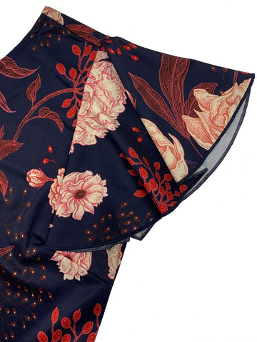 Women's Round Neck Floral Print Ruffle Hem Vacation Dress