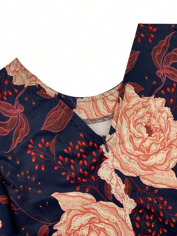 Women's Round Neck Floral Print Ruffle Hem Vacation Dress