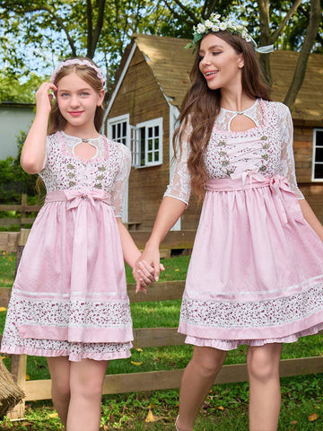 Women's Round Neck Hollow Out Half Sleeve Waist Tie Fashion Soft Sweetn Dress