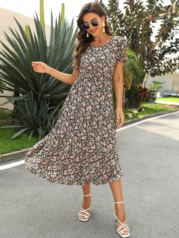 Women's Round Neck Printed Midi Dress With Pockets, Summer