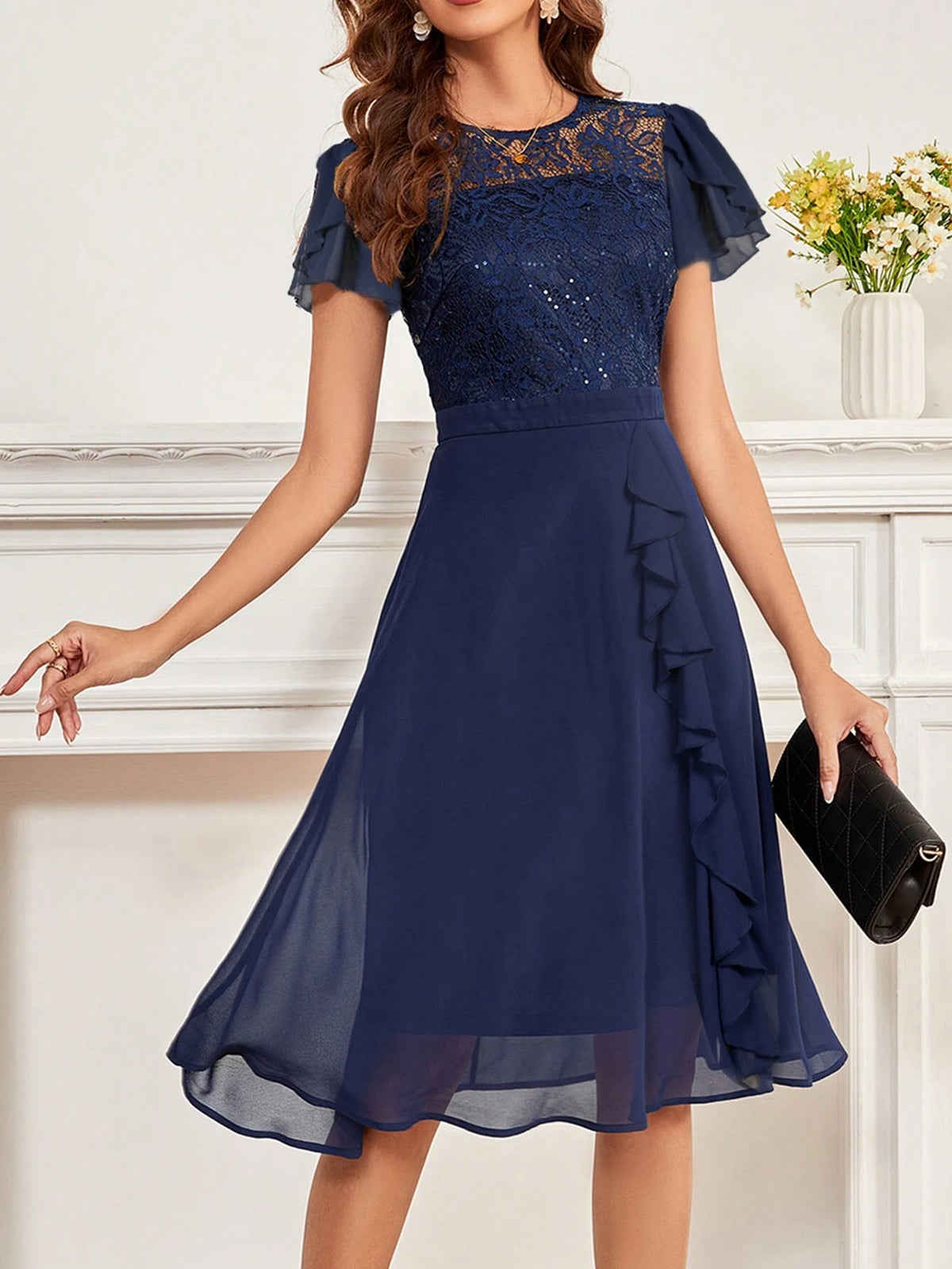 Women's Round Neck Short Sleeve Lace Splice Solid Color Bridesmaid Dress With Ruffle Waistline