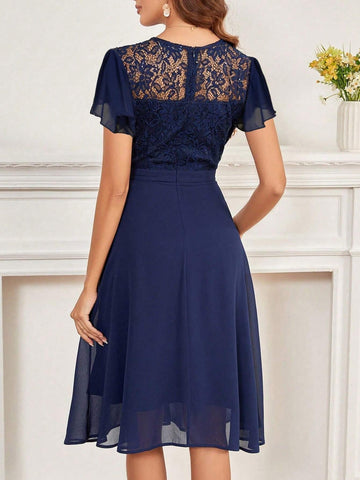 Women's Round Neck Short Sleeve Lace Splice Solid Color Bridesmaid Dress With Ruffle Waistline