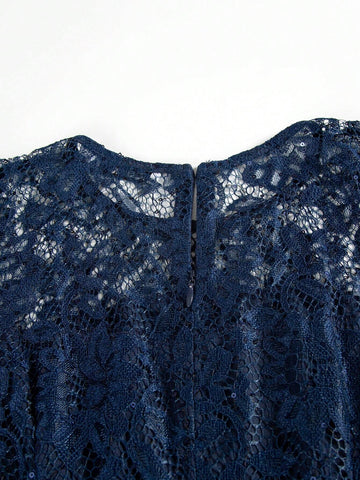 Women's Round Neck Short Sleeve Lace Splice Solid Color Bridesmaid Dress With Ruffle Waistline