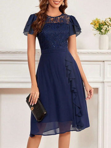 Women's Round Neck Short Sleeve Lace Splice Solid Color Bridesmaid Dress With Ruffle Waistline