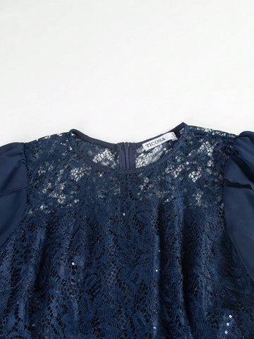 Women's Round Neck Short Sleeve Lace Splice Solid Color Bridesmaid Dress With Ruffle Waistline