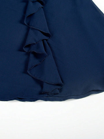 Women's Round Neck Short Sleeve Lace Splice Solid Color Bridesmaid Dress With Ruffle Waistline